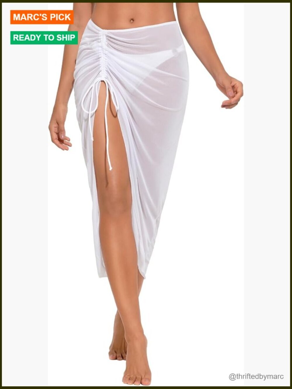 Long Sarong Cover Up Semi-Sheer Beach Wrap Skirt Adjustable Drawstring
